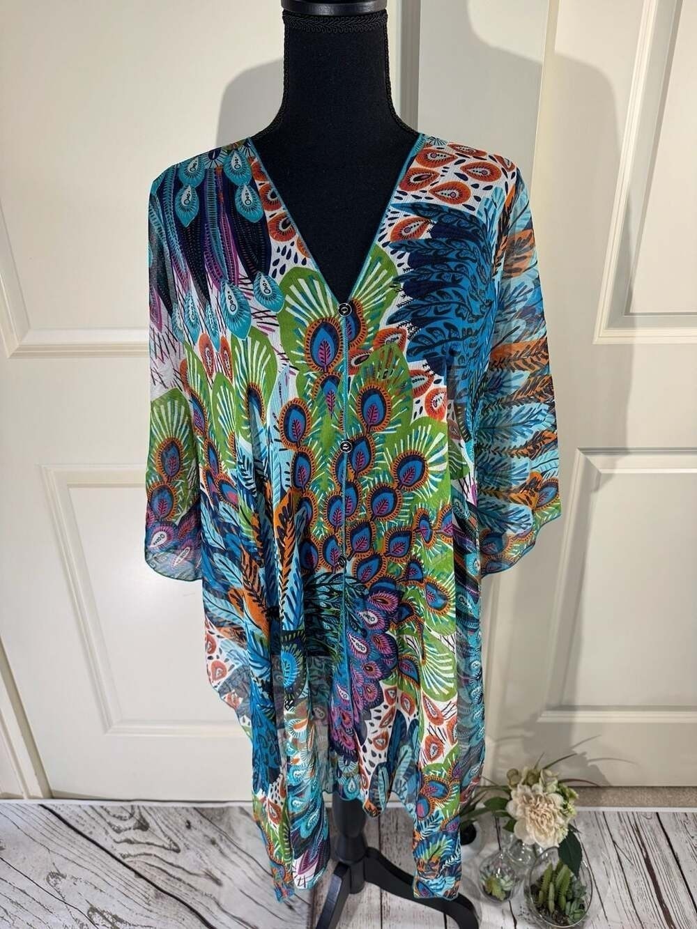 Zury Peacock Print Rayon Sheer Kimono Cover Up Free Size